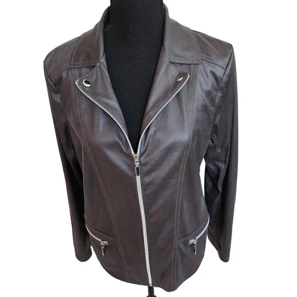 Allison Daley Womens Full Zip Faux Leather Moto Jacket Charcoal Gray Small